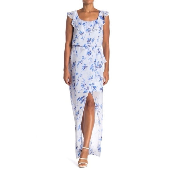 Nine West Sheer Maxi Over Mini Dress Size 12 Blue Floral FauxWrap Sleeveless NWT - Picture 1 of 8